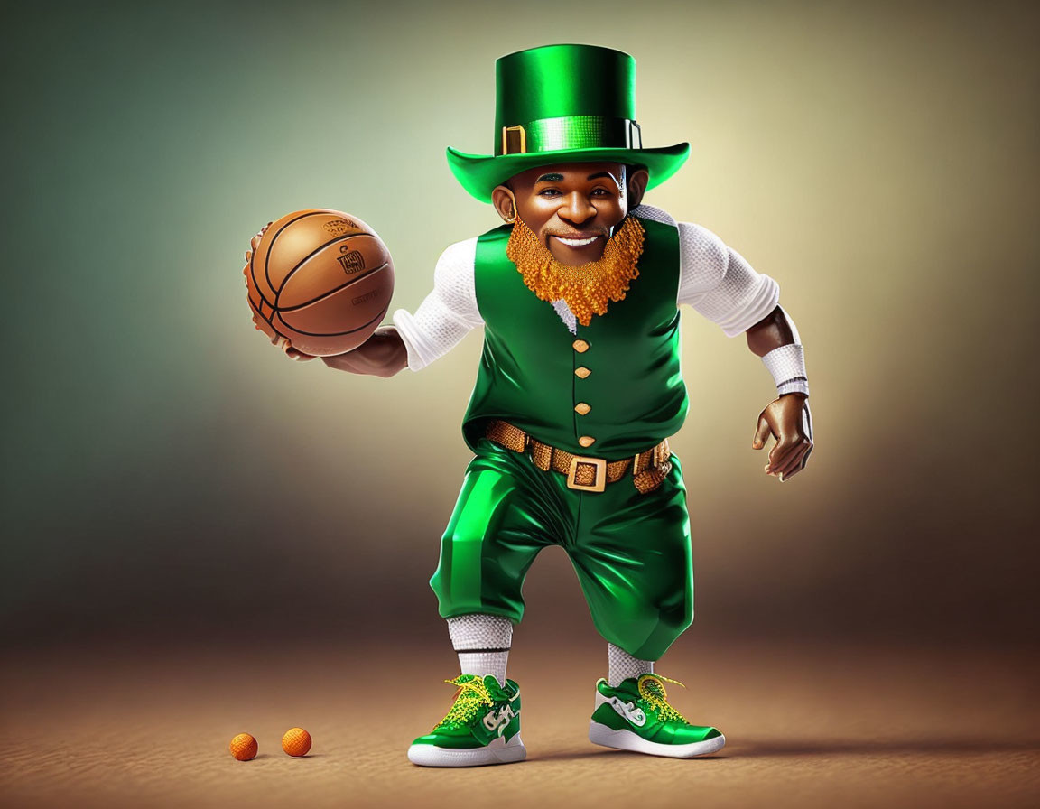 Colorful Leprechaun Caricature with Basketball and Green Suit