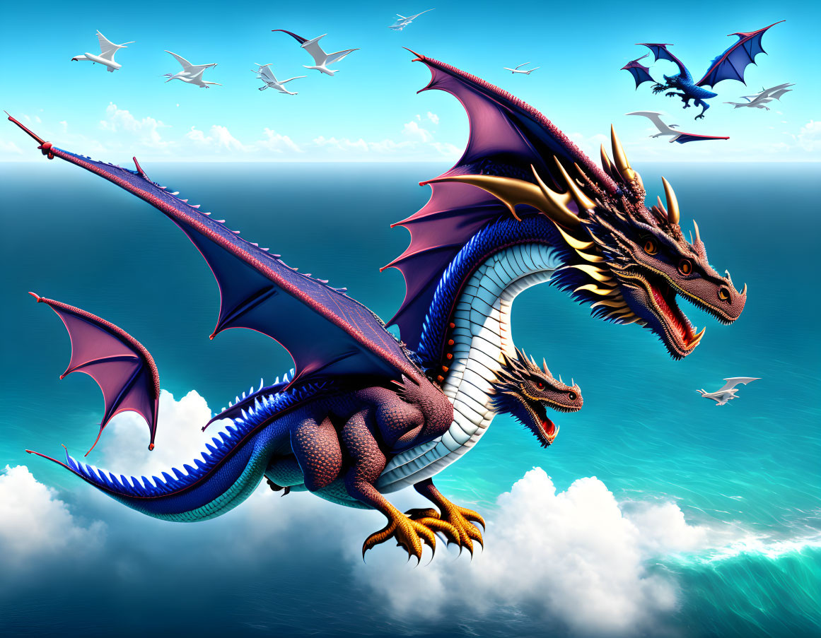 Colorful Two-Headed Dragon Flying Over Sea with Seagulls