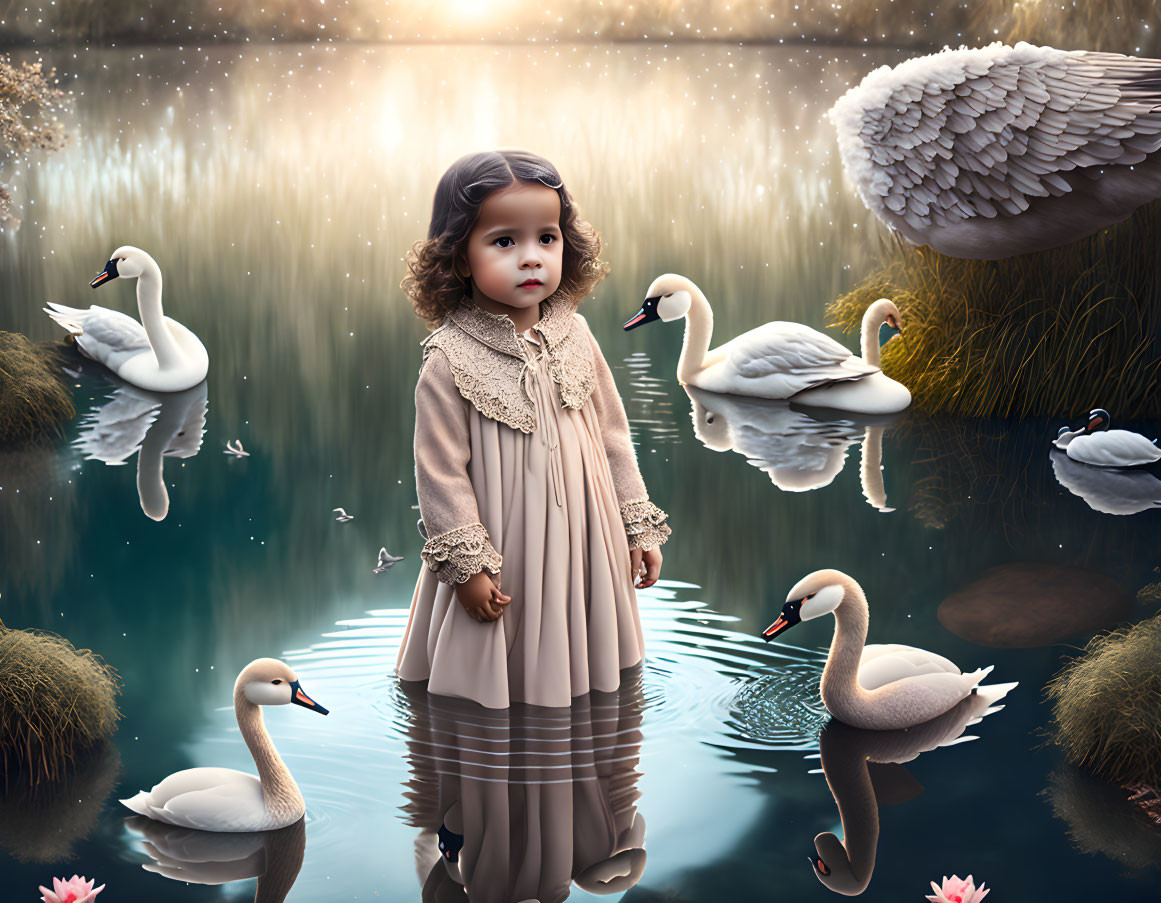 Child among swans in serene, ethereal scene with water lilies and sparkling lights