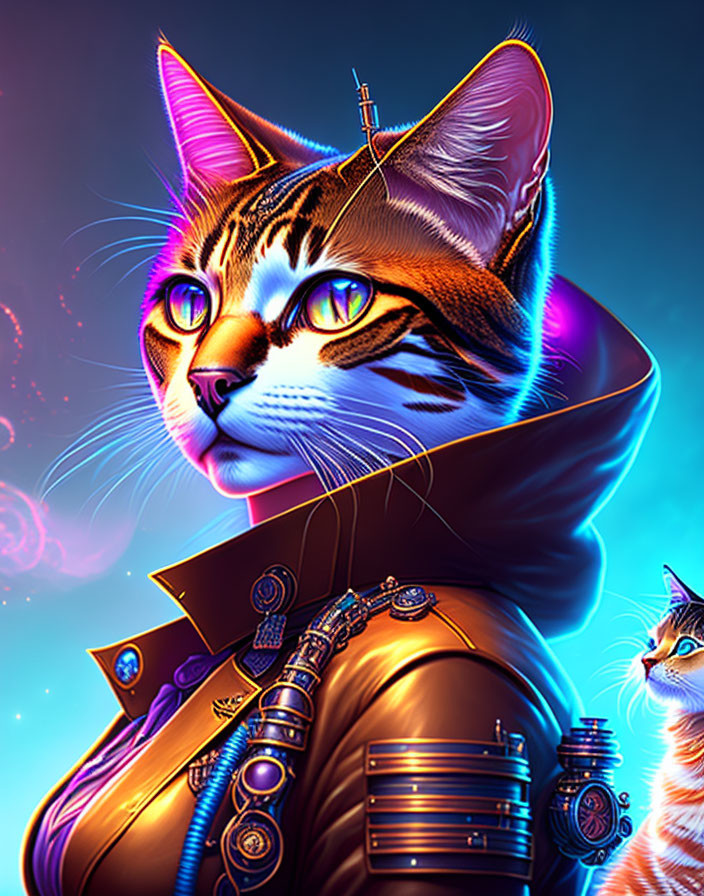 Colorful Digital Artwork: Cat in Futuristic Armor on Blue Background