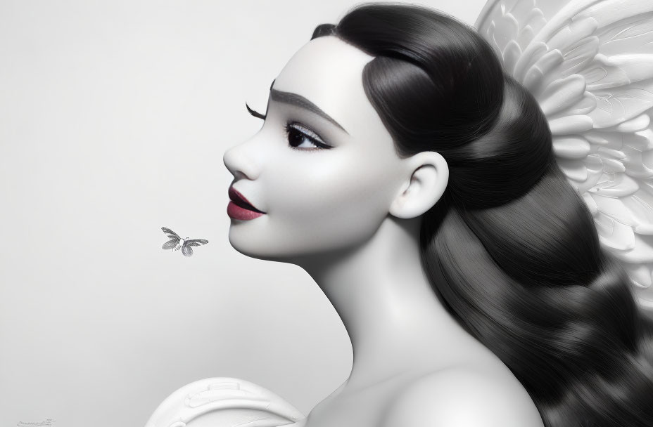 Grayscale stylized woman's profile with red lips, bee, and feather detail