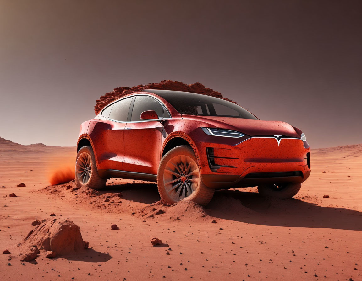 Red electric SUV driving on Mars-like terrain with dust trailing under reddish sky