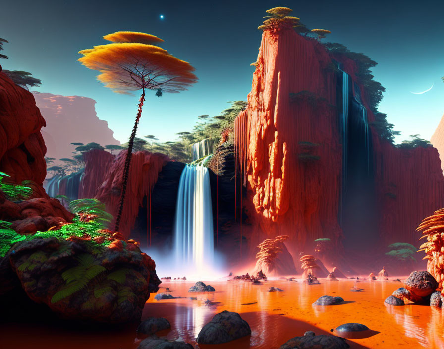 Vibrant orange waters, red cliffs, waterfalls, alien flora under starry sky