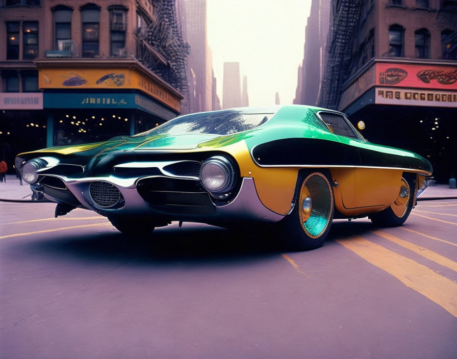 Custom Green and Yellow Futuristic Car with Unique Design on Urban Street