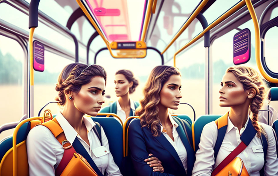 Three contemplative women on a bus under warm sunlight