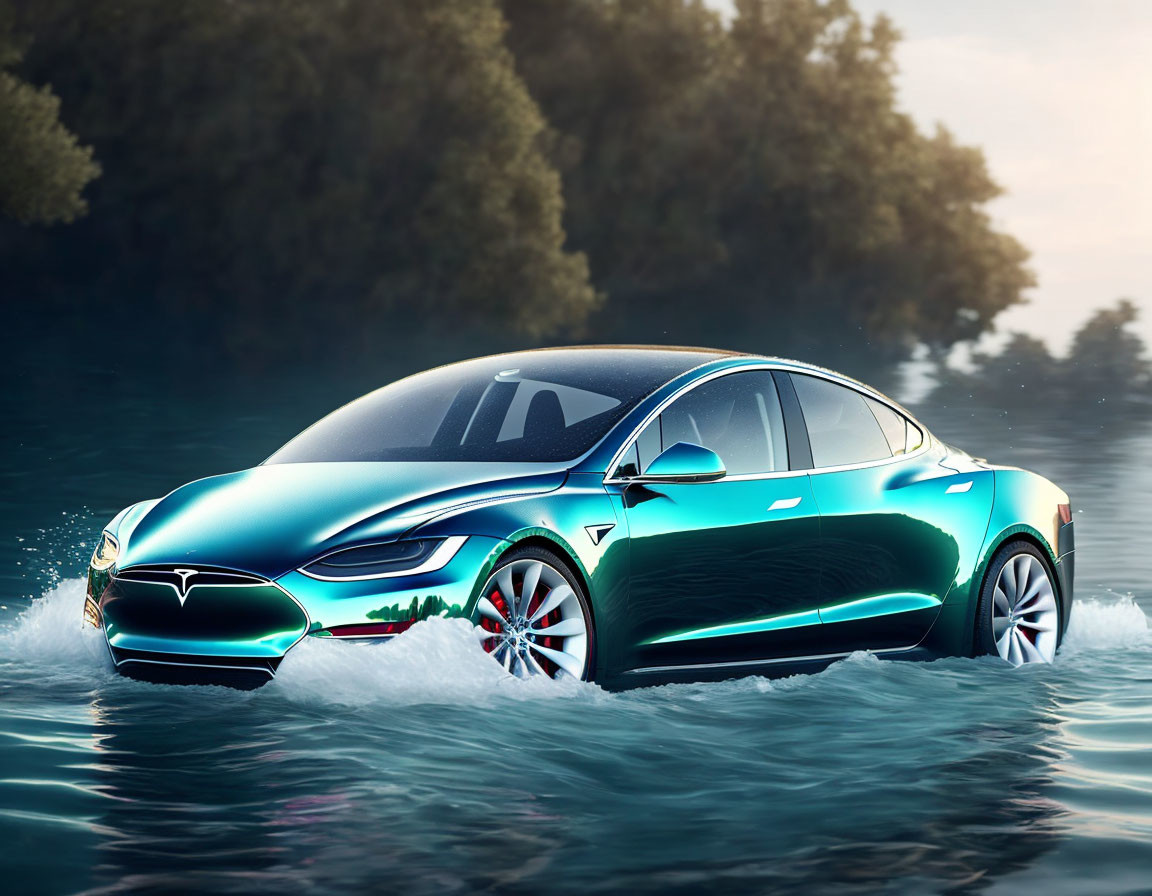 Teal Tesla car driving on water with misty forest background