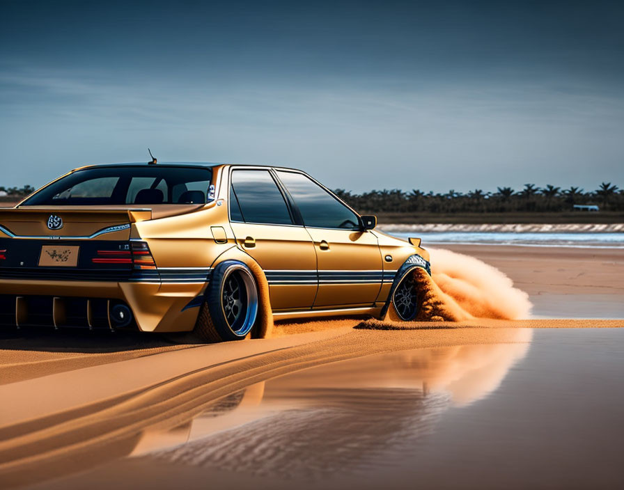 Golden Car with Blue Rims Drifting on Sandy Beach