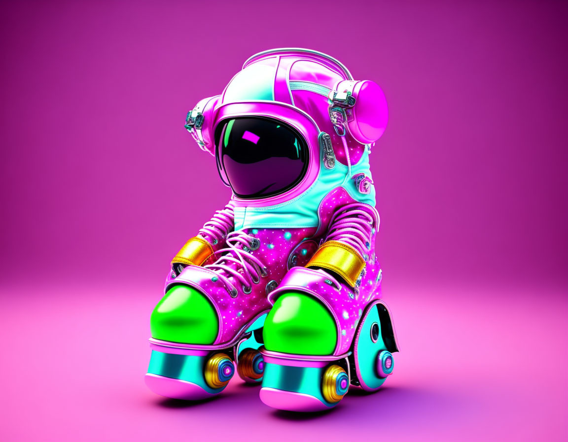 Colorful Astronaut Character in Funky Space Suit and Roller Skates on Pink Background