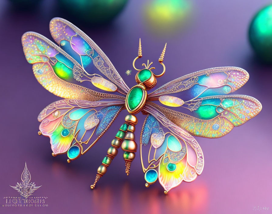 Colorful Metal Dragonfly Sculpture with Iridescent Wings on Purple Background