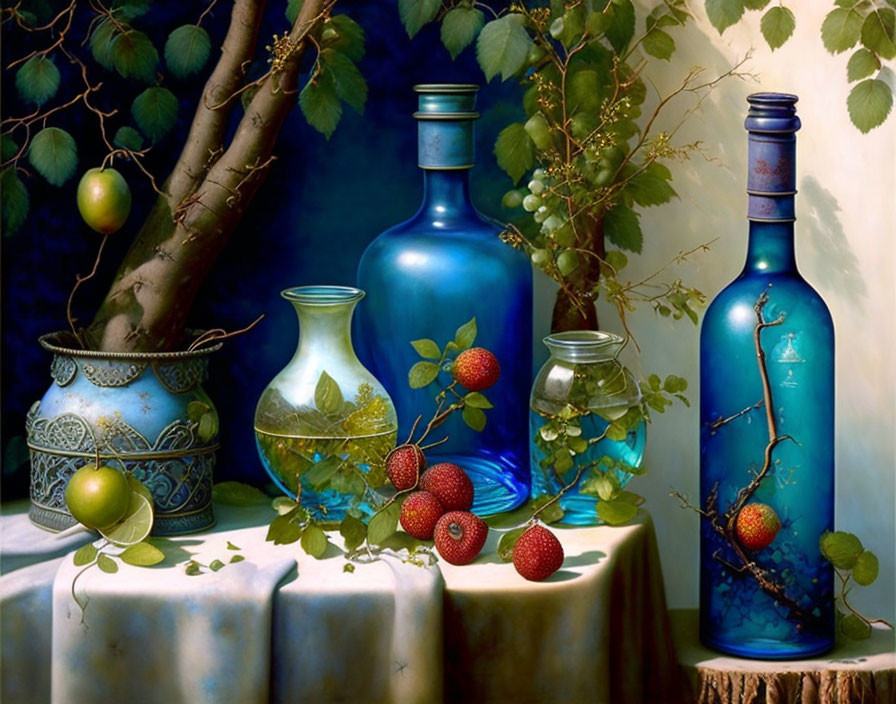 Vibrant still life with blue bottles, strawberries, and green apples on white cloth