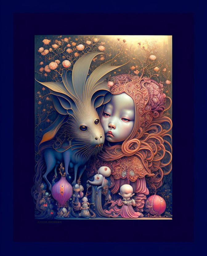 Surreal artwork of girl with ornate hair and mystical creature in fantastical setting