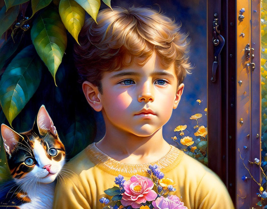 Young boy with light brown hair and calico cat in thoughtful pose amid vibrant flowers and greenery