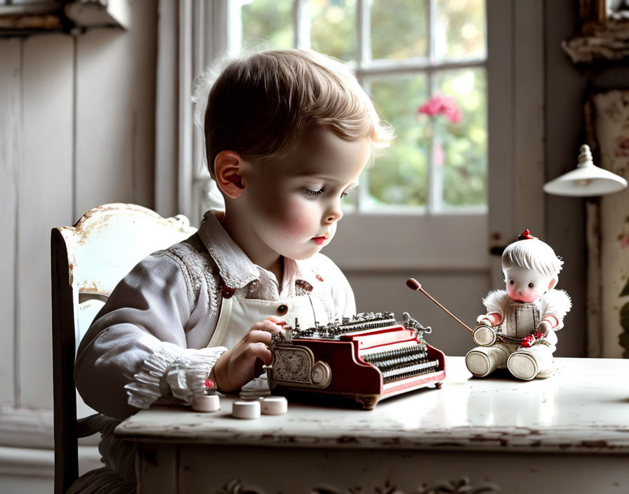 Young child in smart attire plays with vintage toy typewriter and doll by window.