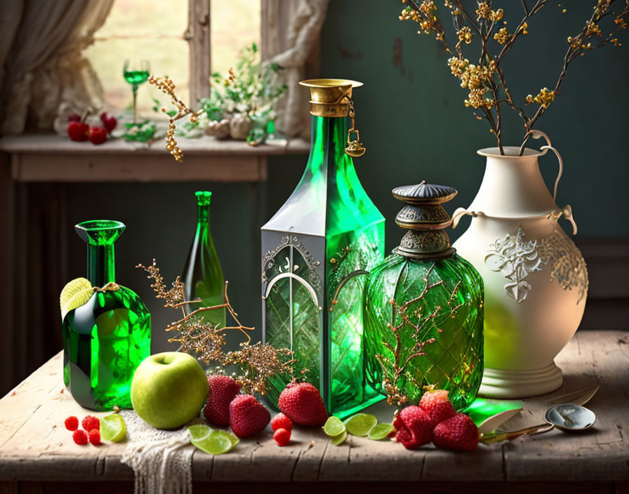 Rustic Still Life with Green Glass Bottles and Fresh Fruits