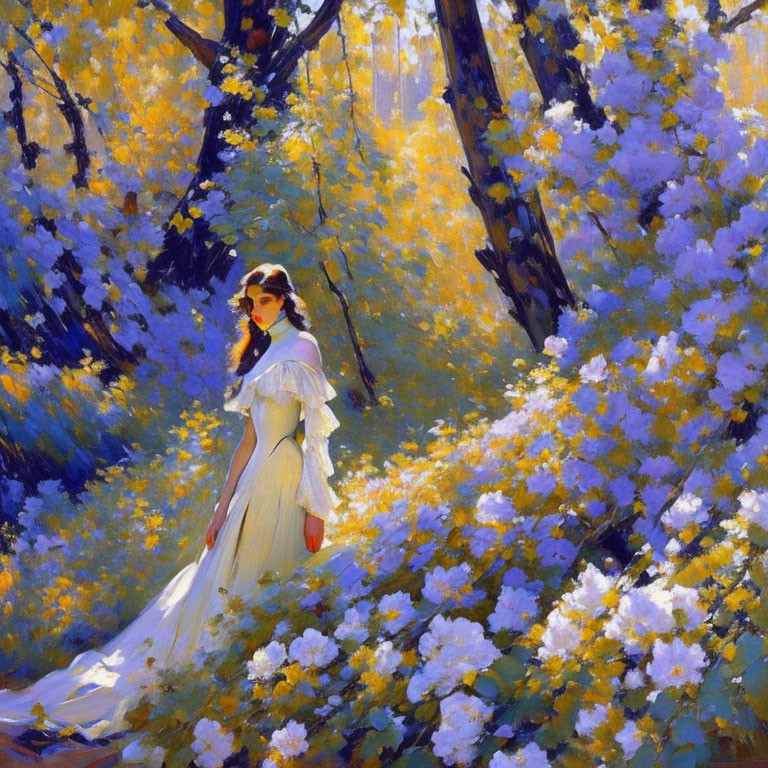 Woman in White Dress Walking Through Sunlit Forest with Blossoms
