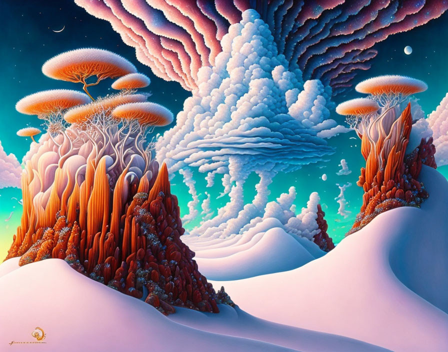 Vibrant surreal landscape with mushroom-like structures and celestial bodies