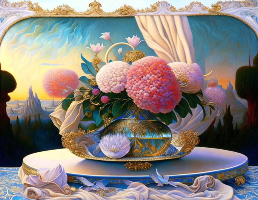 Vibrant oversized flowers in golden bowl with classical drapery on mystical landscape