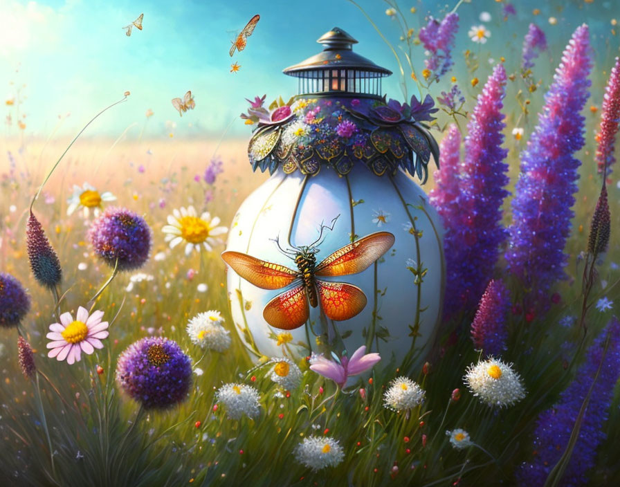 Colorful wildflowers and butterflies surround large ornate lantern in fantastical scene