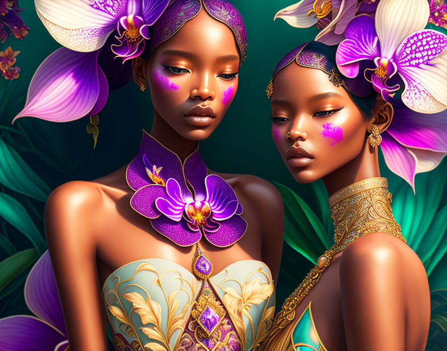Illustrated women with orchid-themed makeup and jewelry in elegant poses.