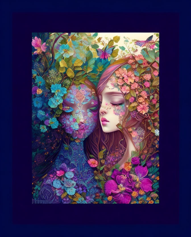 Colorful illustration of intertwined faces with floral patterns in purple, blue, and pink.