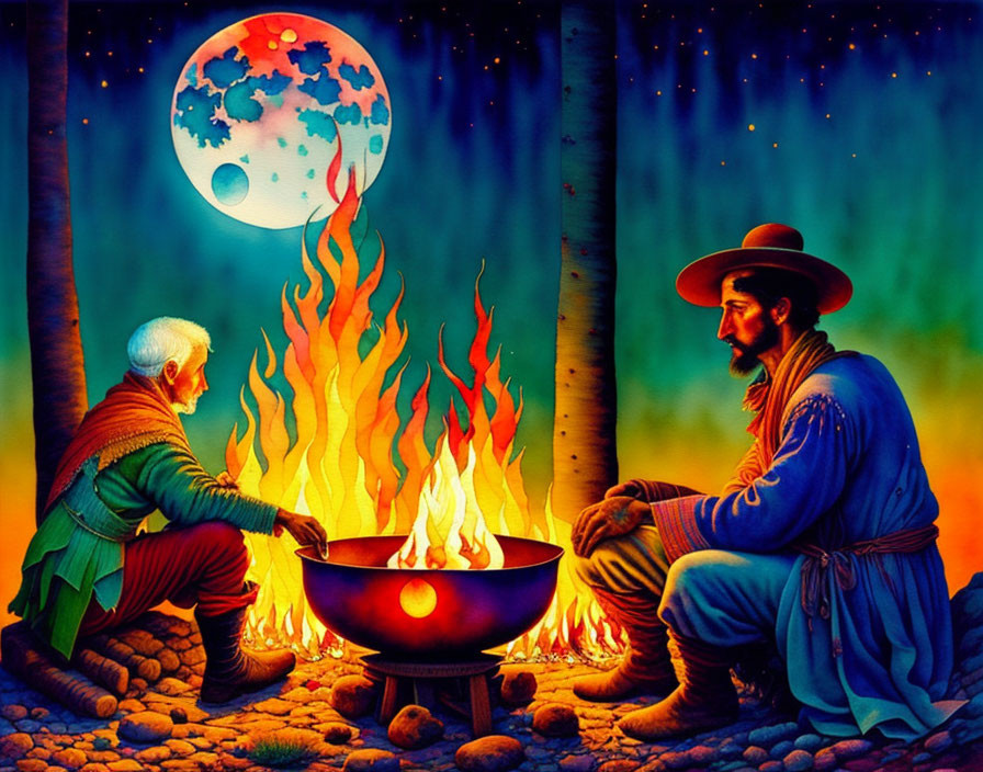 Historical individuals by campfire under starry sky with oversized moon
