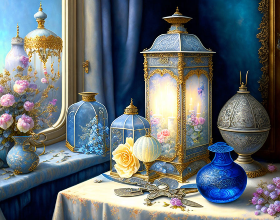 Intricate lanterns, glowing candle, glassware, flowers, scissors in ornate room