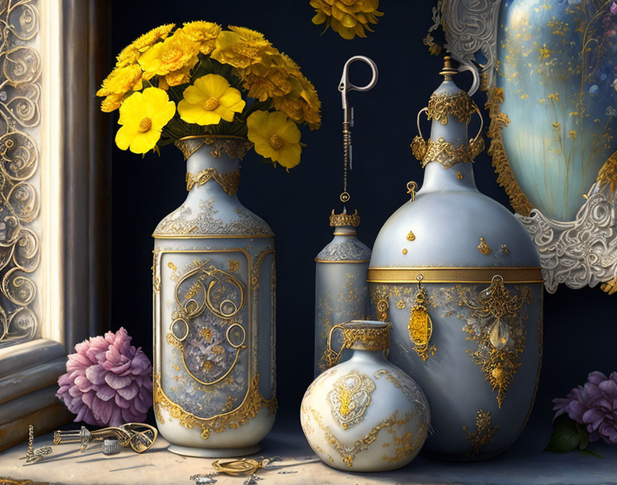 Ornate blue and gold vases with yellow chrysanthemums and purple flower on dark