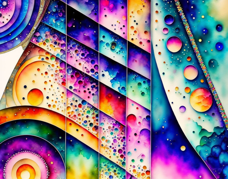 Colorful Watercolor Abstract with Geometric Patterns and Glitter Accents