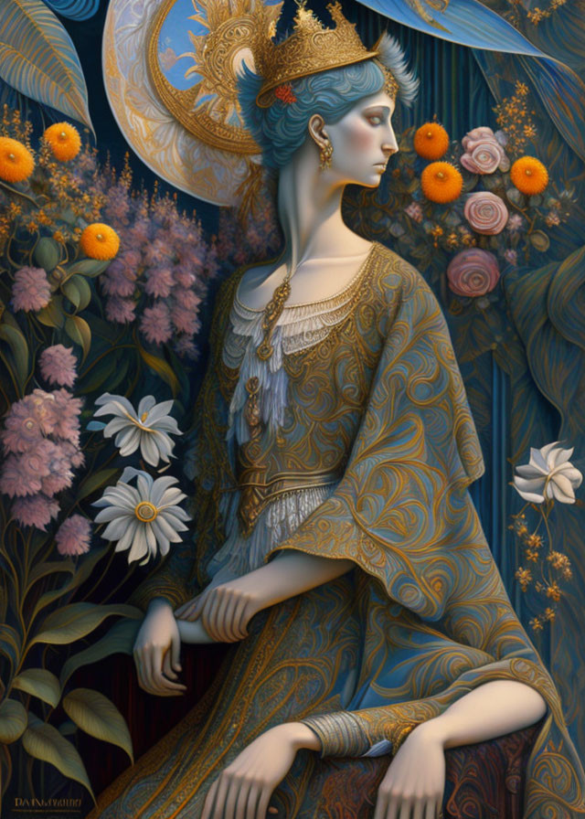 Illustration of woman with blue hair, gold halo, in ornate attire among flowers.
