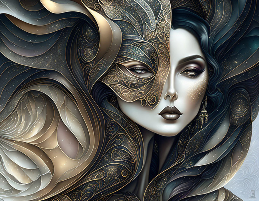 Illustrated woman with ornate mask and swirling hair on cosmic background