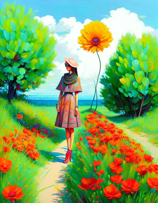 Vibrant painting of woman walking in flower-filled scenery