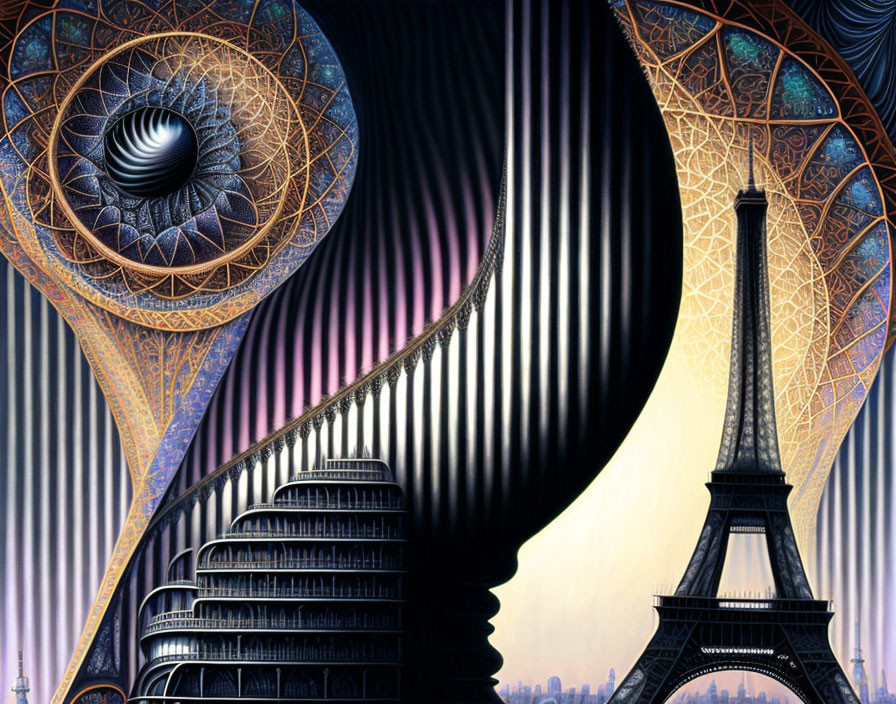 Surreal artwork featuring giant eye, swirling patterns, Eiffel Tower, and fantastical library