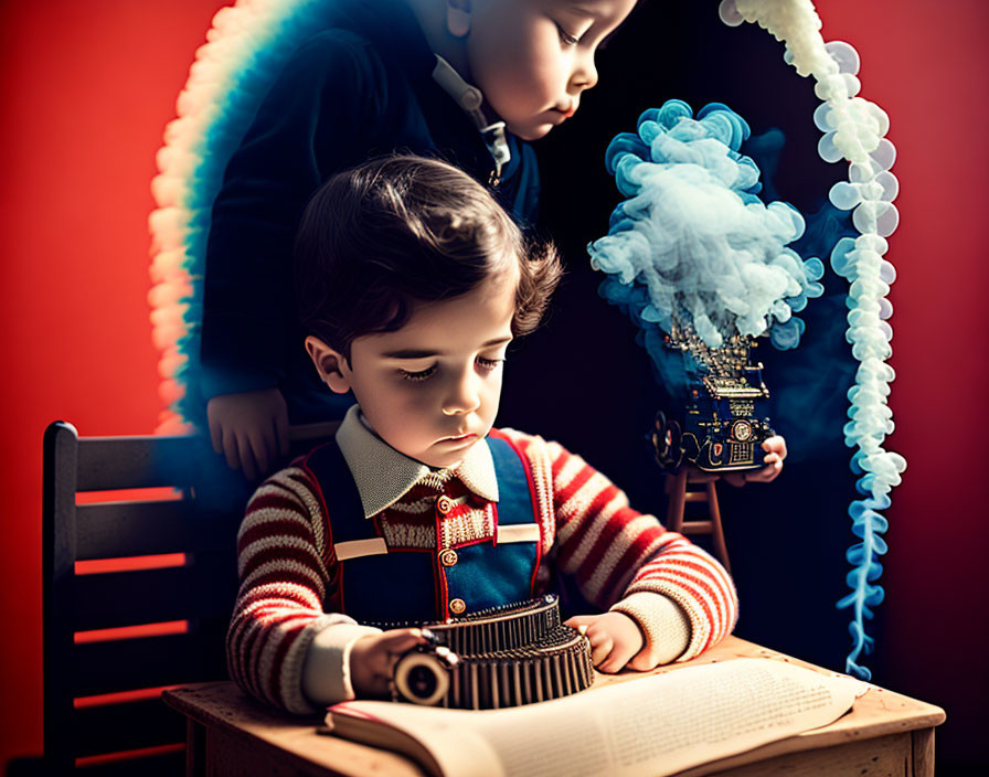 Vintage-dressed boys with magic typewriter in whimsical scene