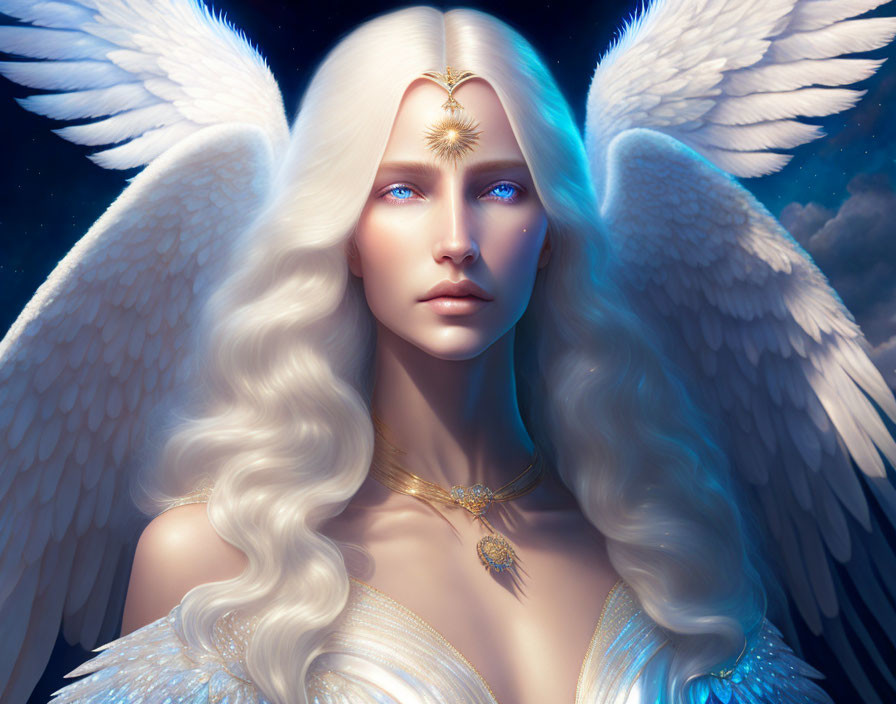 Serene figure with angelic wings, pale skin, platinum hair, golden jewelry under starry sky