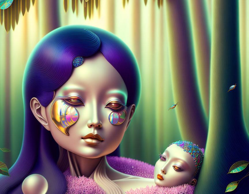Surreal Artwork: Two Female Figures with Glossy Skin and Multicolored Face in Green