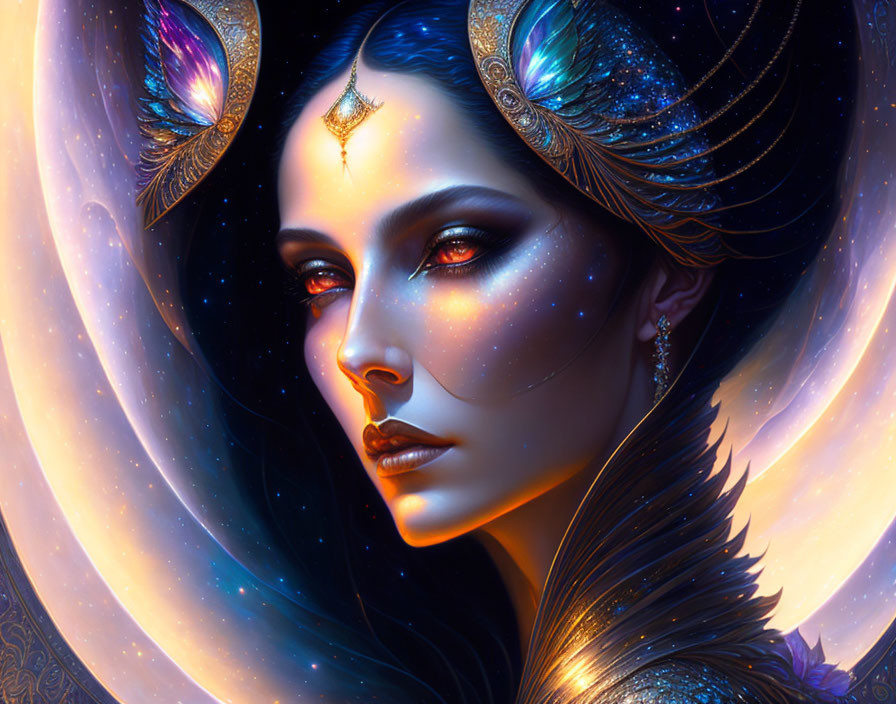 Portrait of a woman with cosmic features and celestial jewelry.