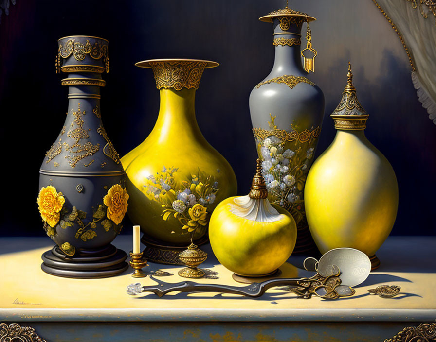 Opulent still life with golden and black vases, candle, coins