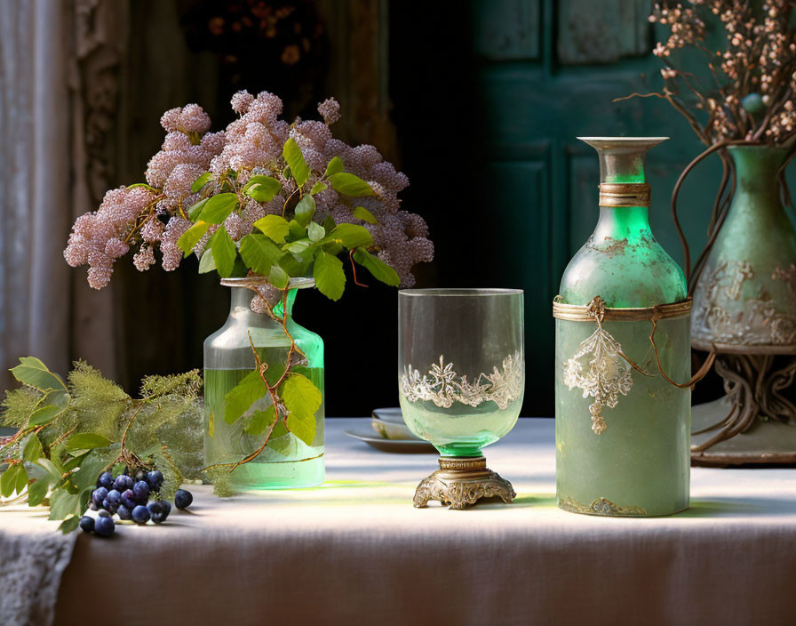 Lilac flowers, goblet, jug, grapes on rustic table with textured backdrop