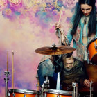 Dark-haired woman in floral outfit playing drums against flower backdrop
