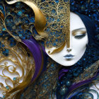 Detailed digital artwork of woman's face with gold and blue filigree, feathers, and flowers.