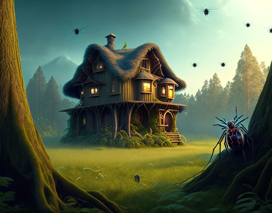 Exaggerated forest house with fantasy spiders and misty mountains