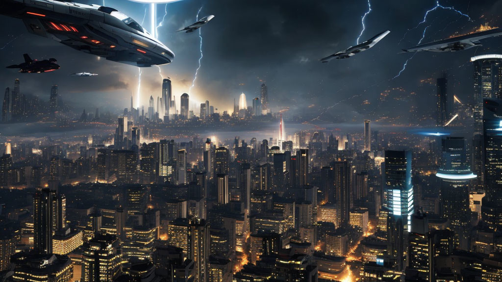 Futuristic night cityscape with skyscrapers, flying vehicles, and lightning bolts