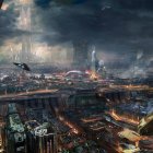 Futuristic night cityscape with advanced buildings and flying ships