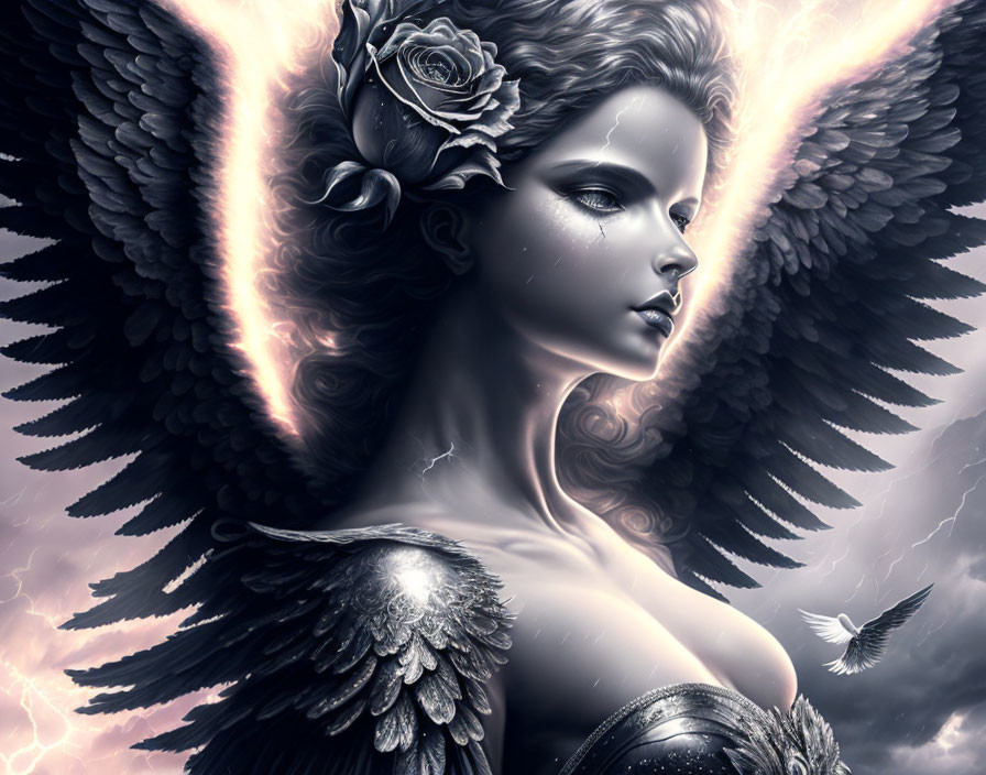 Monochromatic image of angelic woman with dark wings and rose, set against stormy backdrop with