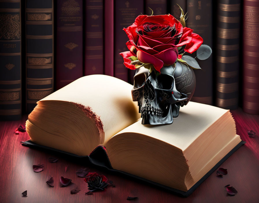 Open book with black skull, red roses, falling petals, leather-bound books