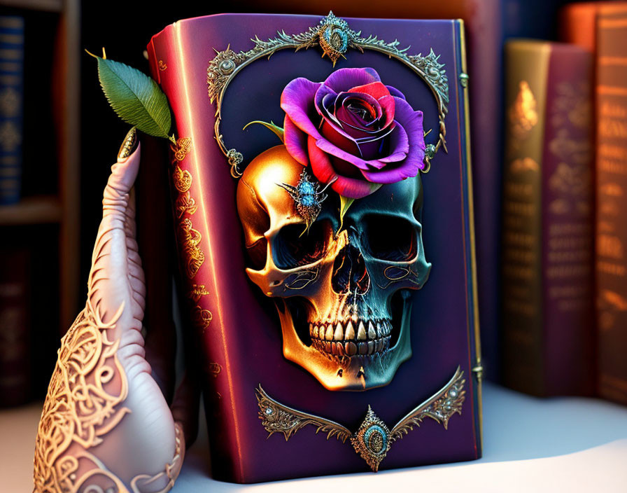 Intricate patterned hand holding book with metallic skull and rose on cover among other books