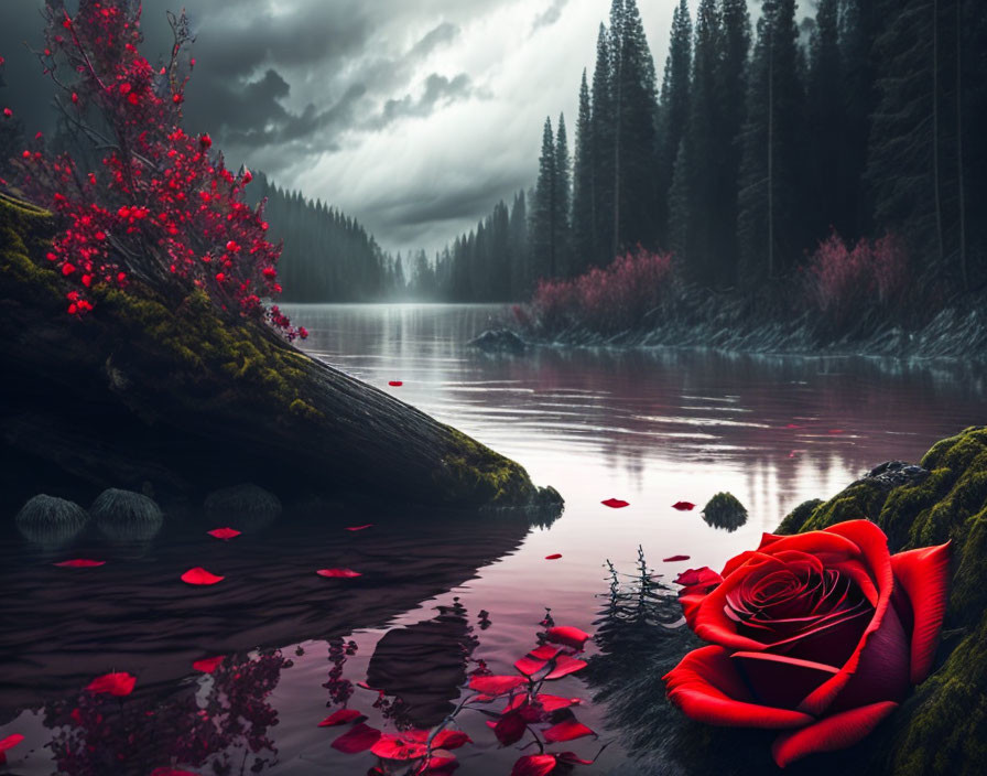 Tranquil lake scene with red rose, leaves, and moody sky