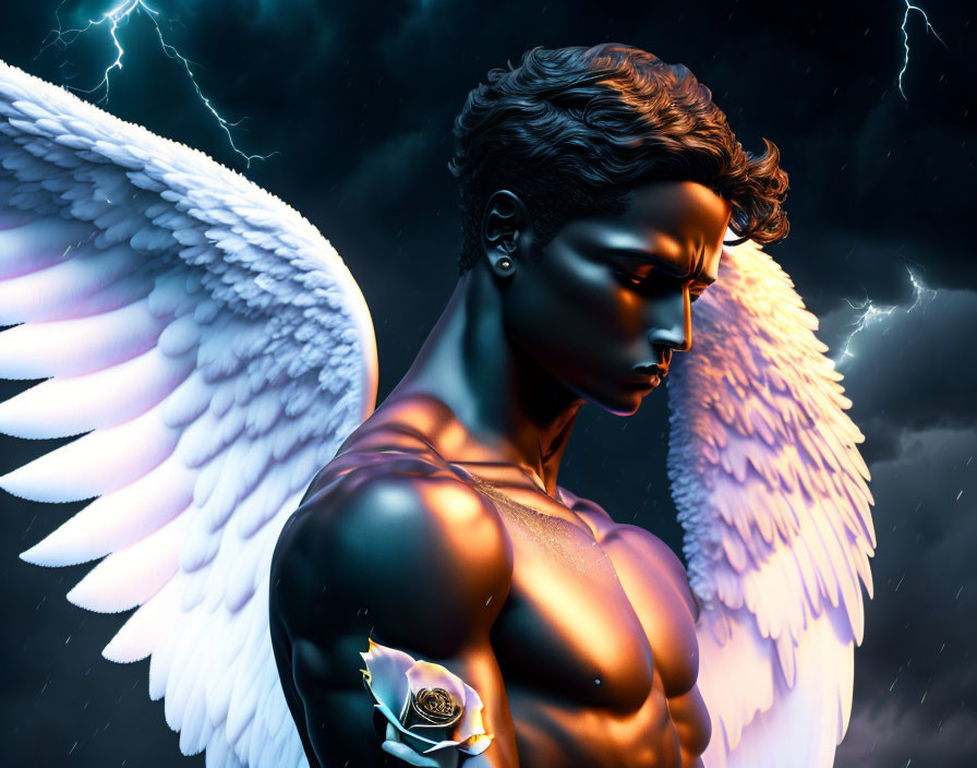White-winged angel with metallic skin and blindfold in dark setting with lightning.
