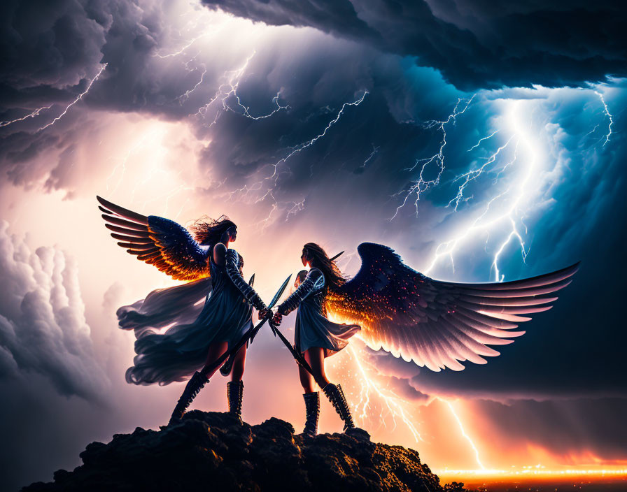 Fantasy winged characters swordfight on rocky outcrop under fiery sky