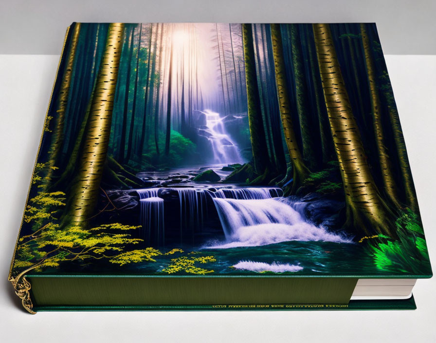 Illustrated Hardcover Book: Mystical Forest Scene with Waterfall